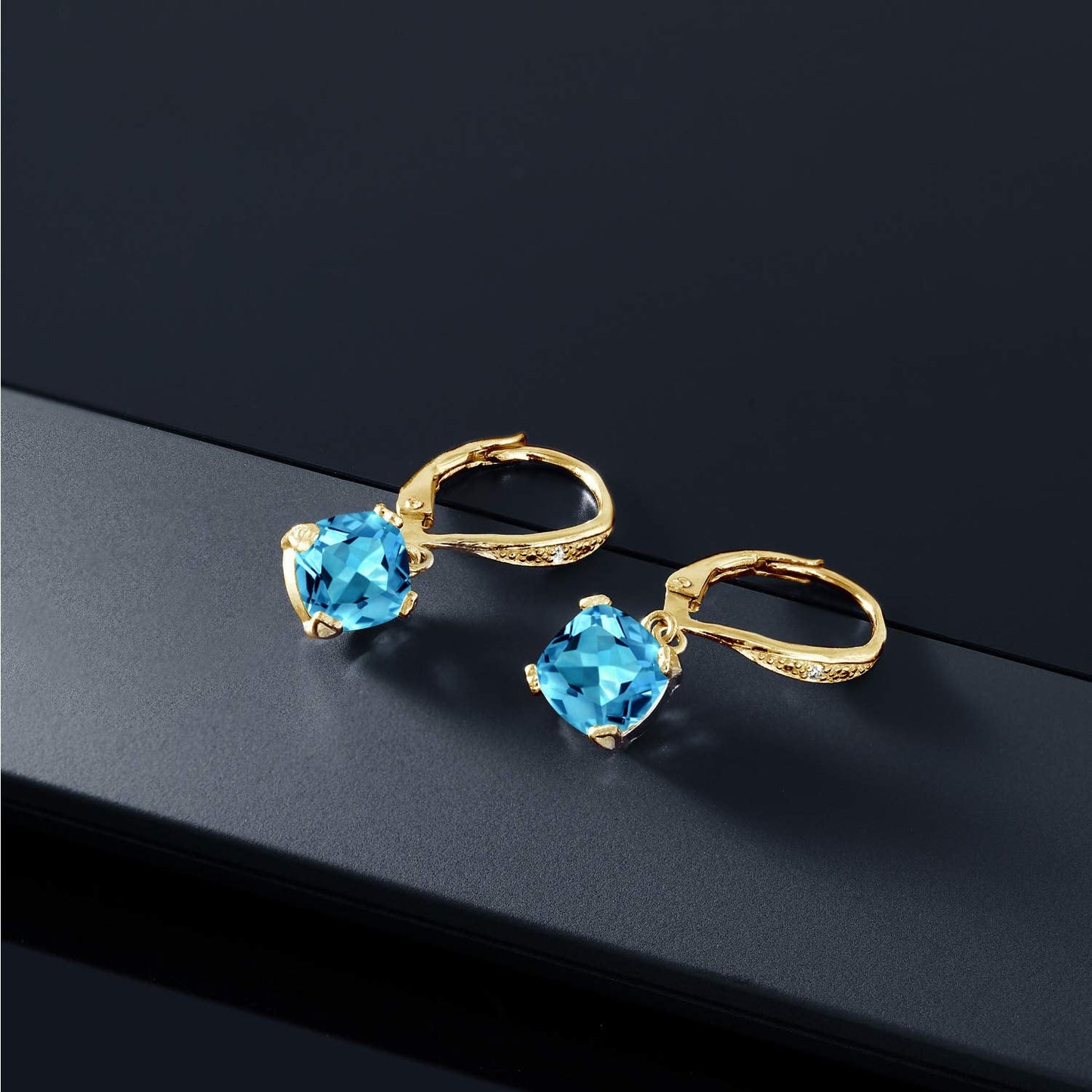 Gem Stone King Drop Dangle Earrings For Women | 7MM Cushion Cut Gemstone Birthstone and Diamond | 925 Sterling Silver | Jewelry Gift for Mom Wife Her | Swiss Blue Topaz-November | Yellow Gold
