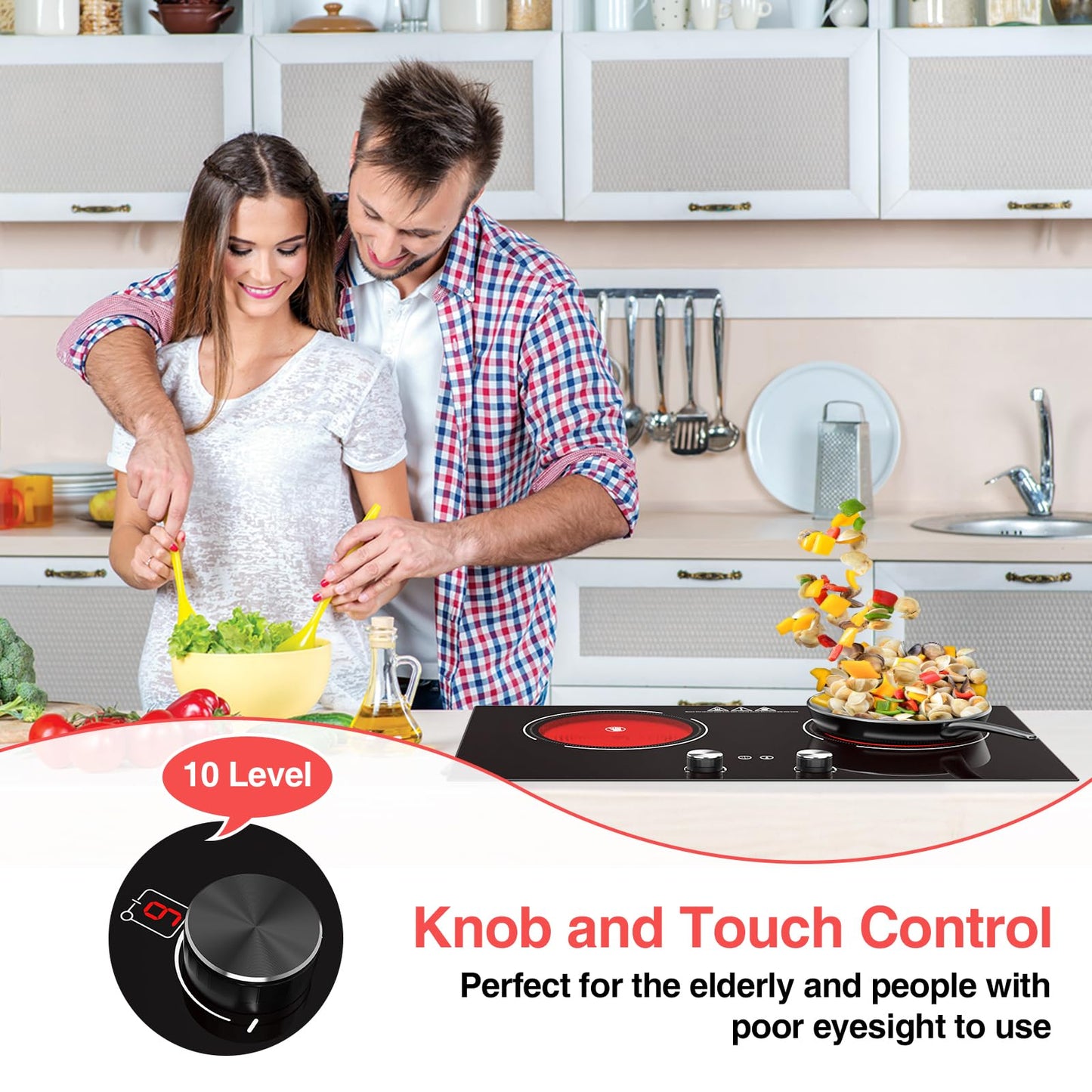 GTKZW 4000W Electric Cooktop: 24" Electric Stove 2 Burner Hot Plate Double Burner, Knob Control Countertop & Built-in, 9 Power Levels, Child Lock, Timer, Suitable for All Pans