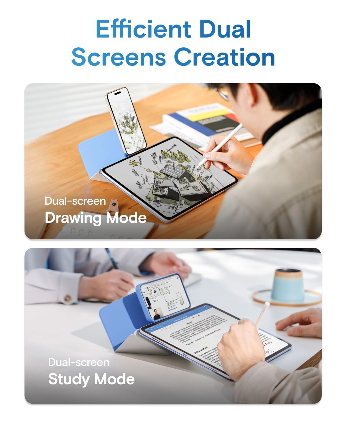MOFT Dynamic Folio Tablet Stand for Desk Compatible with iPad mini A17 Pro 2024 & iPad mini 6th A15 2021, Slim Magnetic Tablet Holder Case with 20+ Viewing Angles, Panna Cotta x Faded Jeans