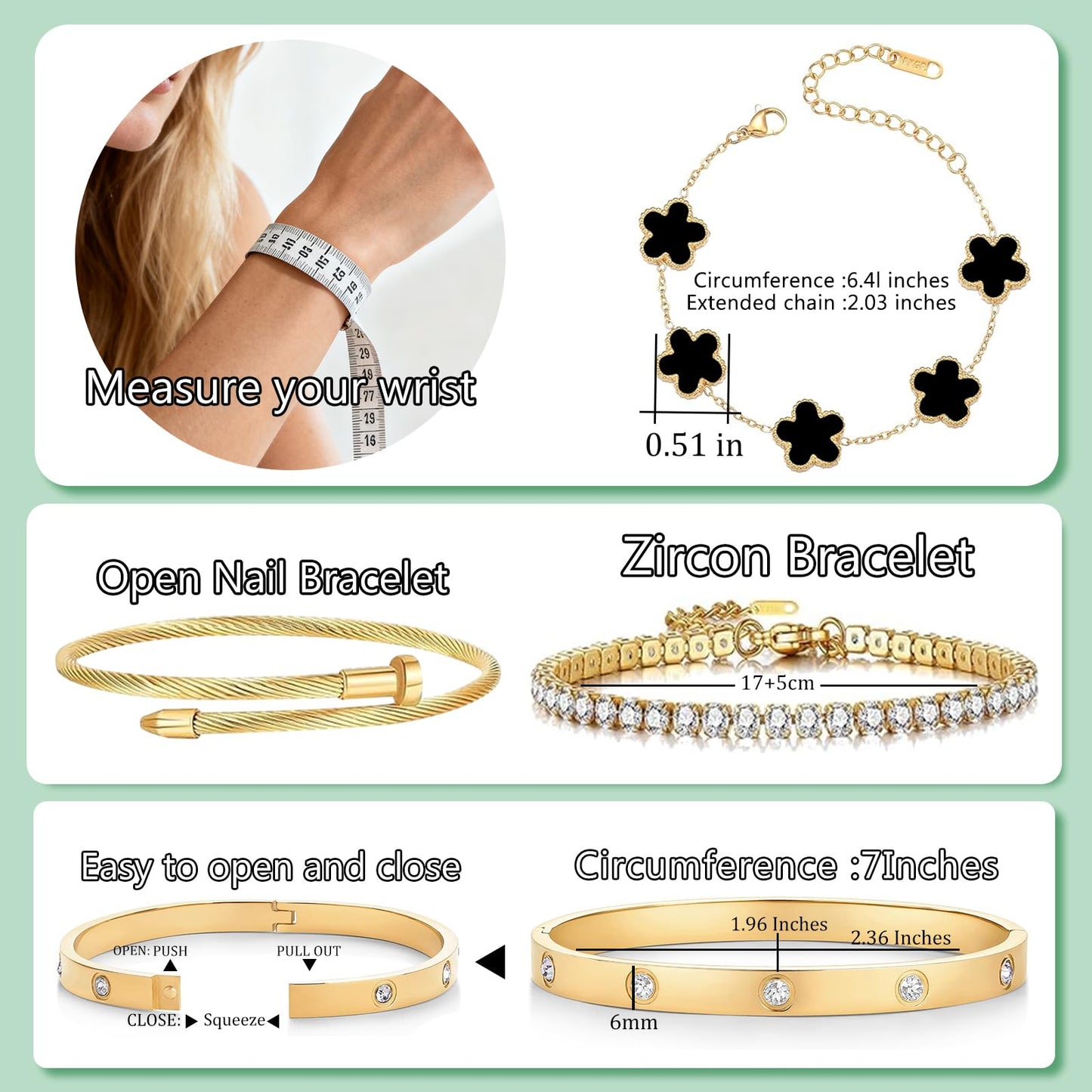Gold Bracelets for Women, 18K Gold Plated Women Tennis Bracelets Clover Nail Love Bangle Bracelet Set, Gold Bracelet Stackable Set Trendy Jewelry, Gifts for Women's Day and Mother's Day (03-Color-black)