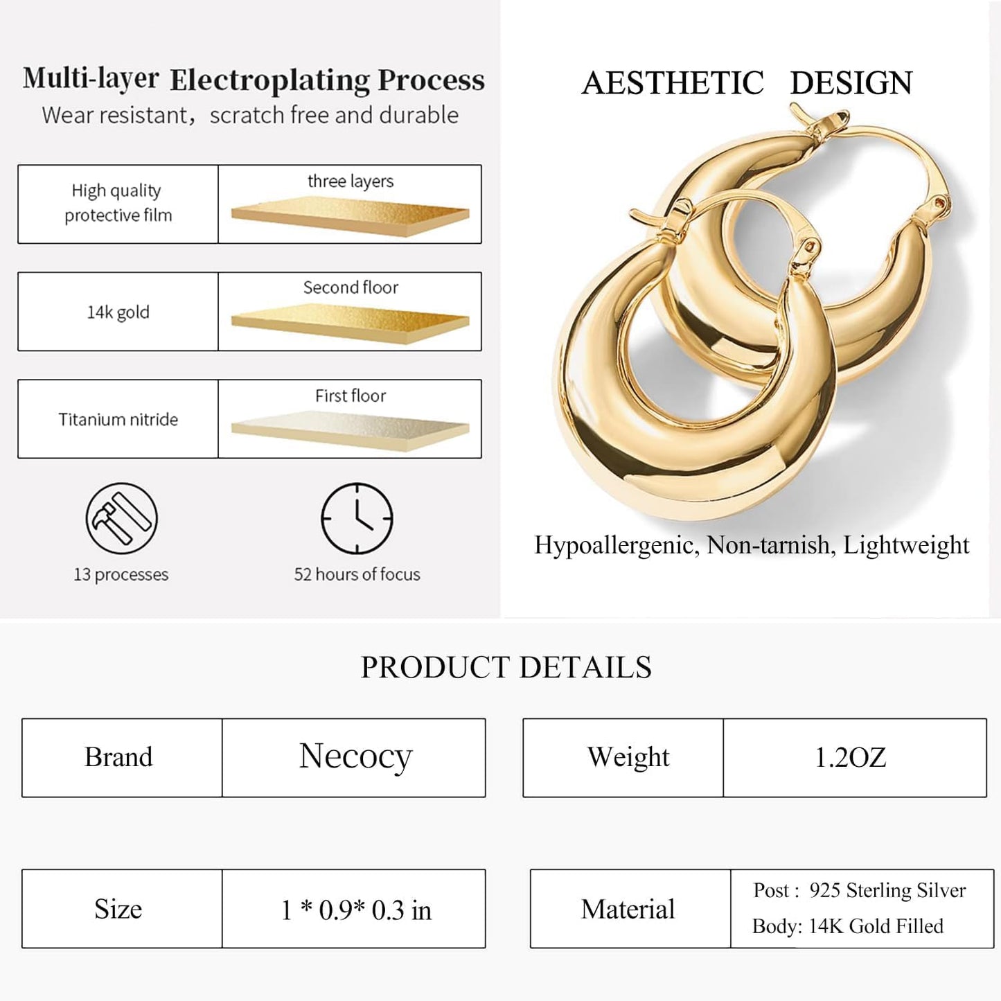 Necocy Small Chunky Hoop Earrings for Women Waterproof, Dainty 14k Gold Plated Hypoallergenic Non Tarnish Thick Hoop Earrings for Sensitive Ears Trendy Chunky Jewelry