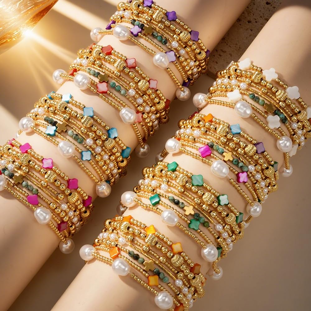 SHINUS BOHO 14K Gold Beaded Blue Clover Stackable Bracelets for Women,7PCS/Set Boho Cross Pearl Beads Stretch Bracelets Stack Fashion Holiday Birthday Prom Jewelry Accessories Gift Friendship Sister
