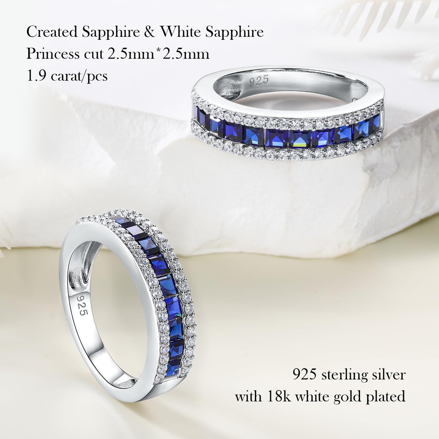 RANDES Women's Band Rings Blue Sapphire Ring 925 Sterling Silver Channel Set Eternity Rings for Women Men Size 8.5