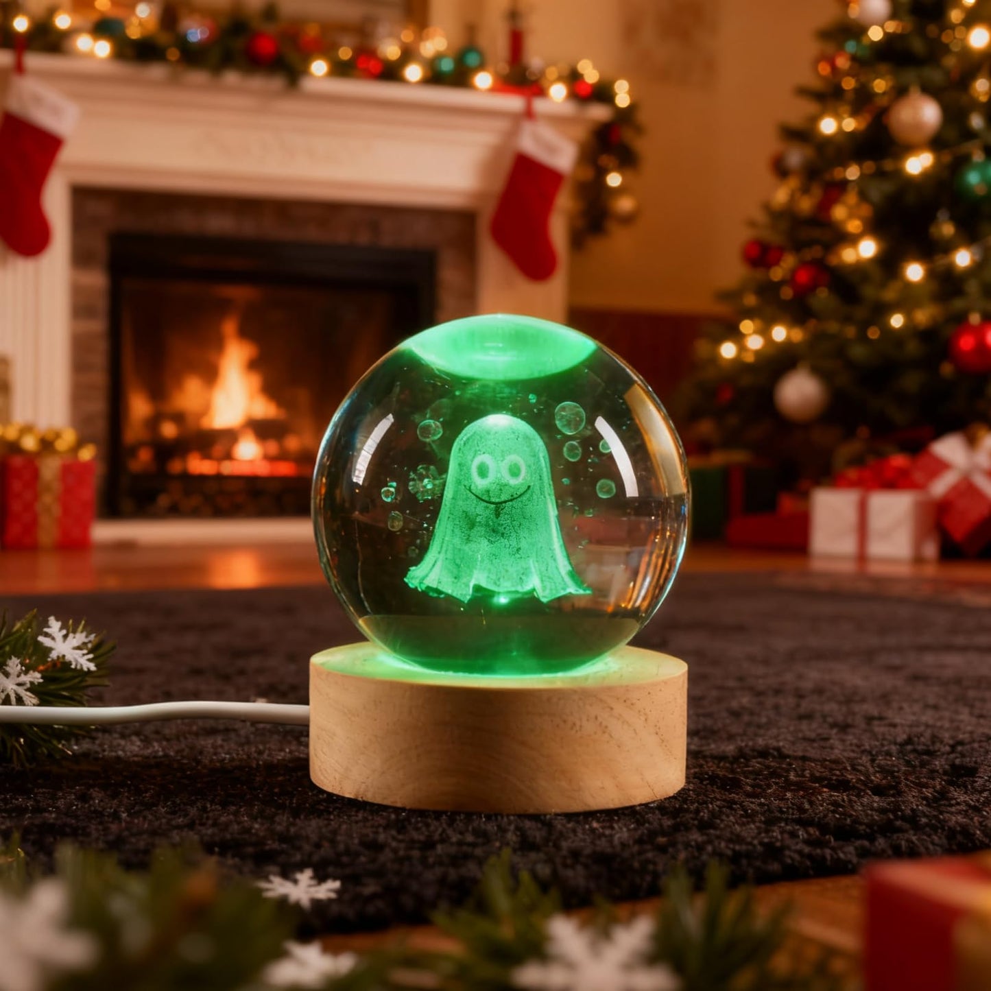 YummyCarrot 3D Ghost Crystal Ball Night Light,2.36inch Laser Engraved Led Light with Wooden Base, Gifting Box for Birthday Xmas Cool Figurines Gifts for Halloween Room Decor Boys Girls