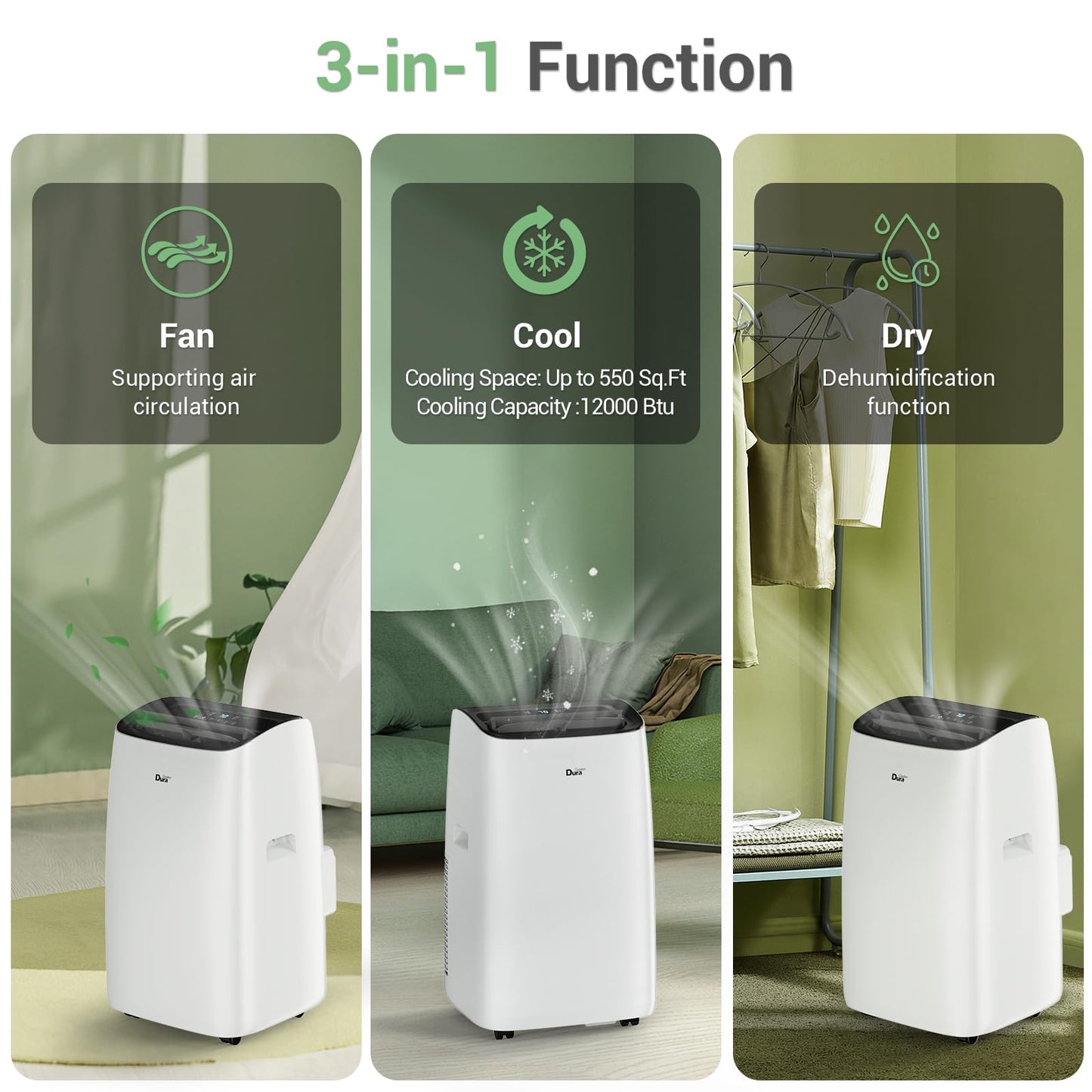 DuraComfort Smart Portable Air Conditioners, 12000 BTU(Ashrae) /8150 BTU (SACC) Quiet AC Unit, Built-in Dehumidifier and Fan Modes, Mobile App, Cools up to 350 Sq. Ft, White