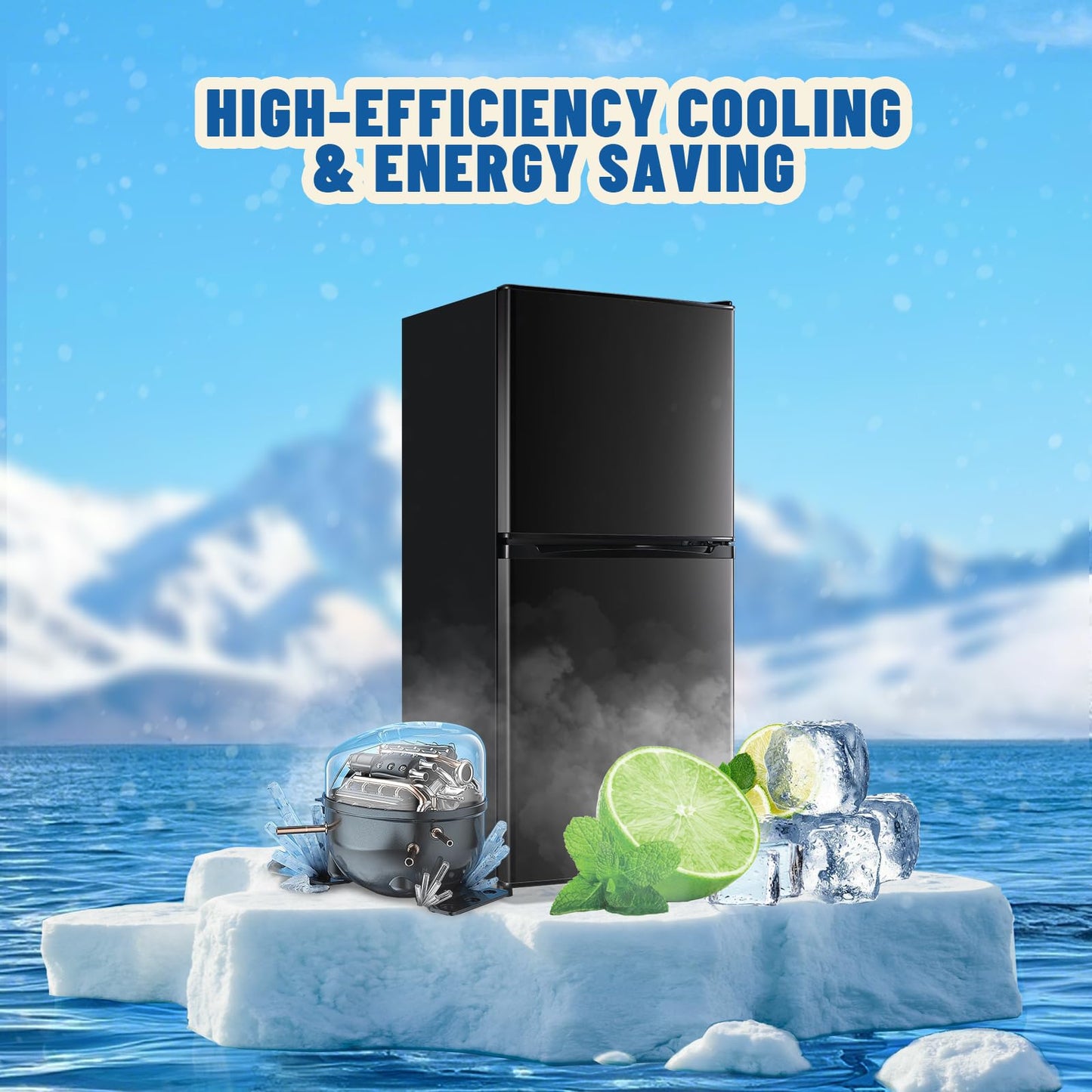 DEMULLER 3.88 CU.FT Capacity Refrigerator with Freezer Double Door Mini Fridge Small Refrigerator with 7 Adjustable Temp Control & 3 Glass Shelves for Kitchen Office Dorm Black