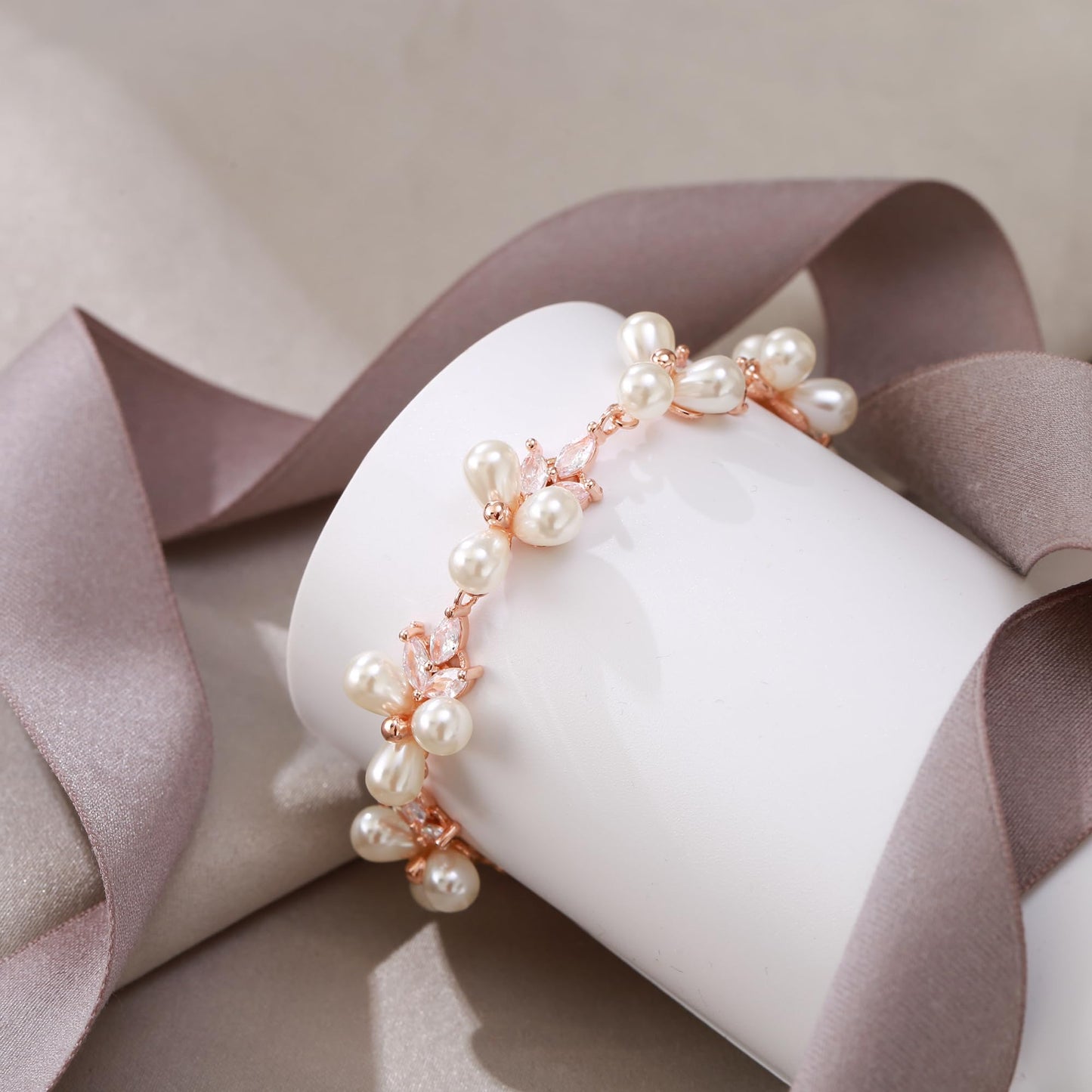 EVER FAITH Wedding Jewelry for Bride Marquise Cubic Zirconia Cream Simulated Pearl Floral Leaf Bridal Prom Tennis Bracelet for Women Clear Rose Gold-Plated-Brass