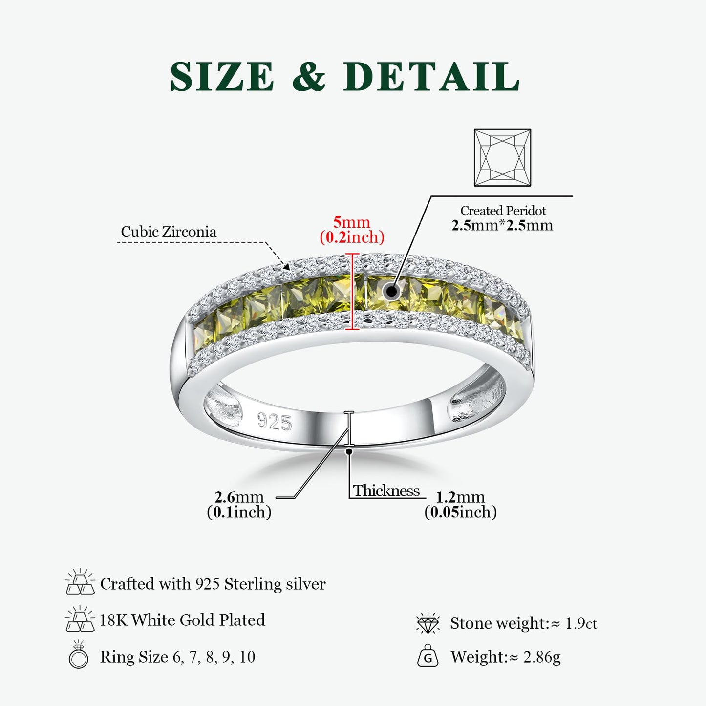 RANDES Peridot Rings for Women Eternity Band 925 Sterling Silver Channel Set Princess Cut Wedding Band August Birthstone Ring Size 6