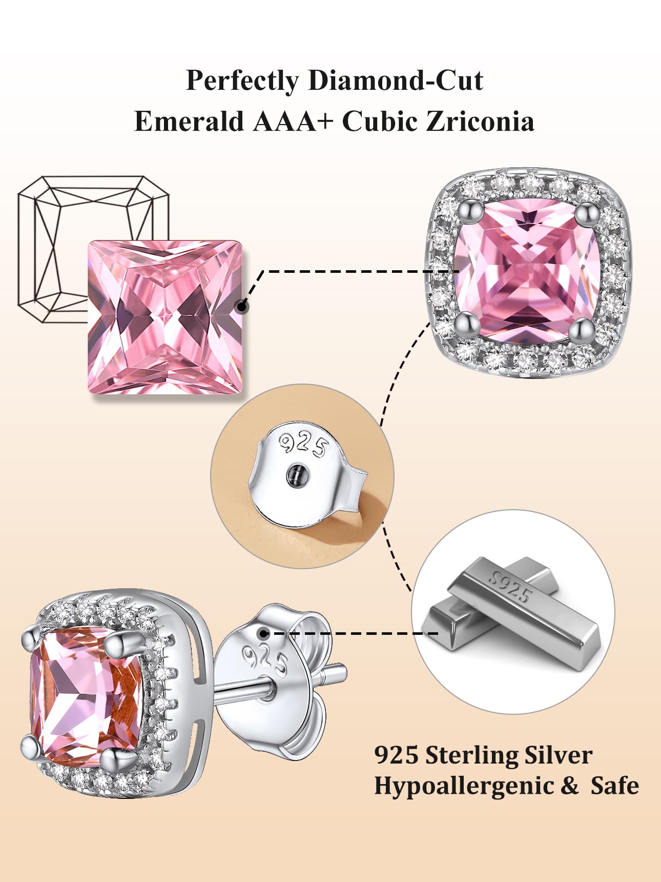 Bestyle Emerald Cut Pink Gemstone Tourmaline Earrings White Gold Vermeil Sterling Silver Sparkle Small Silver Studs Birthstone Earrings for Women Mothers Day Gifts for Wife Mom