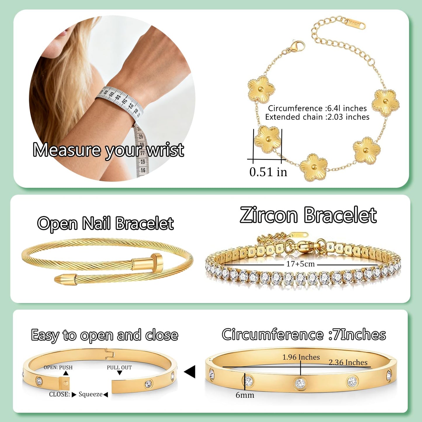 Gold Bracelets for Women, 18K Gold Plated Women Tennis Bracelets Clover Nail Love Bangle Bracelet Set, Gold Bracelet Stackable Set Trendy Jewelry, Gifts for Women's Day and Mother's Day (06-Color-gold)