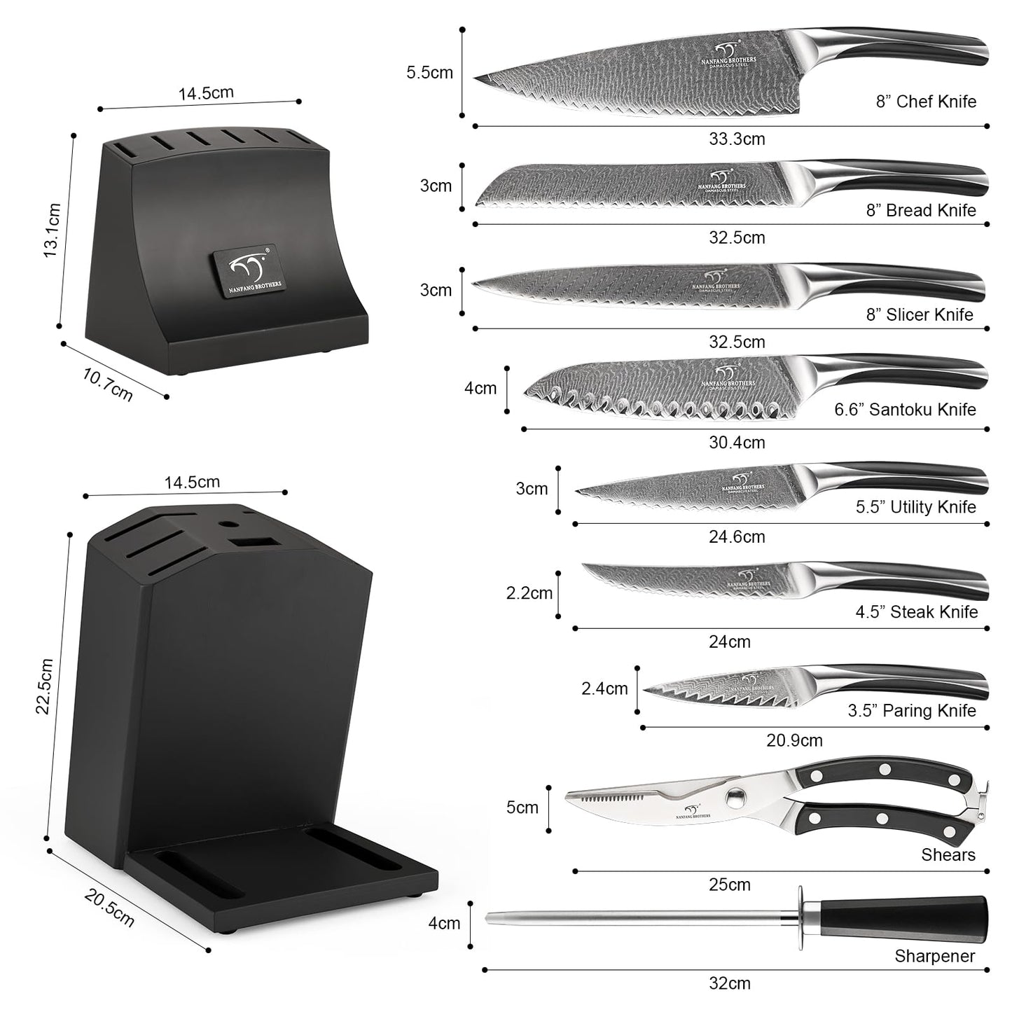 NANFANG BROTHERS Damascus Kitchen Knife Set, 15-Piece with Block, ABS Ergonomic Handle, Carving Fork, Disconnect-type Knife Block (Black)