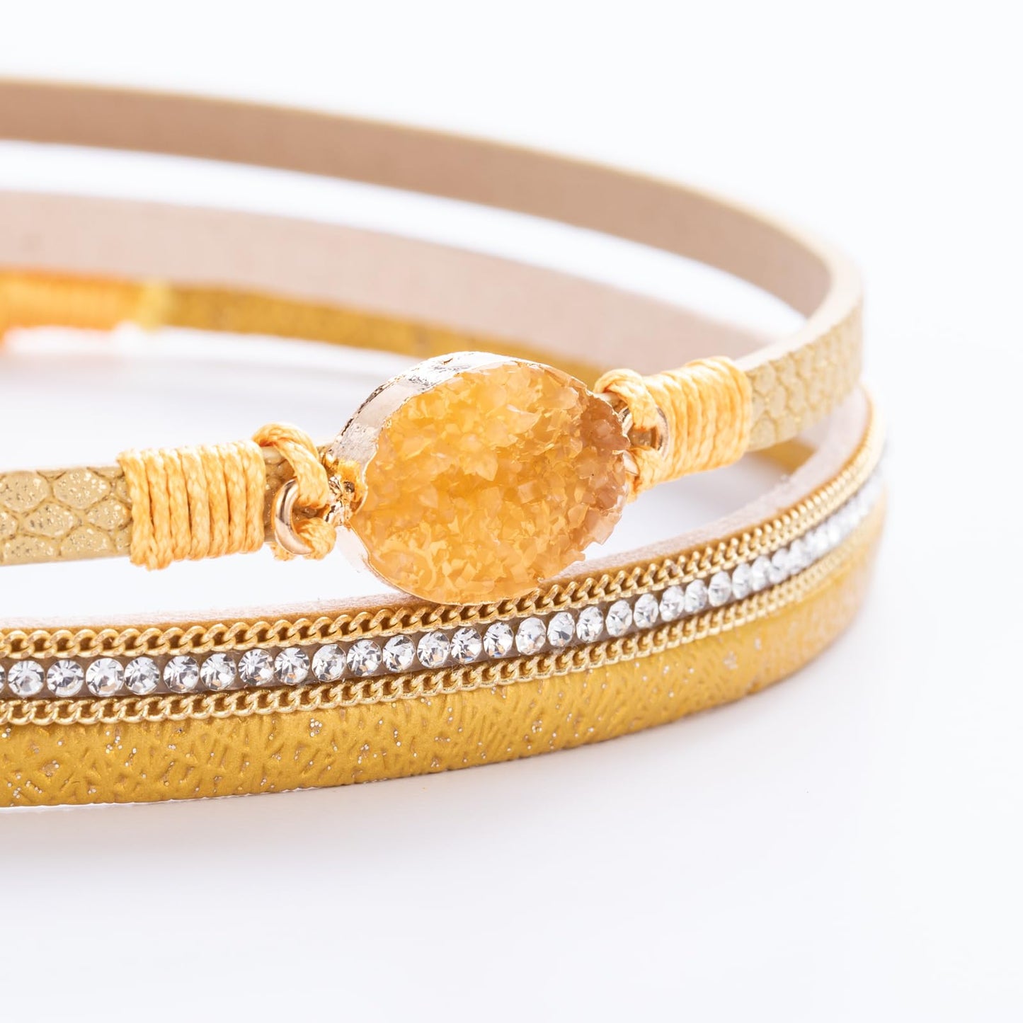 FANCY SHINY Boho Leather Wrap Bracelet Stackable Chunky Crystal Cuff Bracelets with Magnetic Clasp Cowboy Cowgirl Western Summer Beach Outfits Jewelry Gifts for Women (14.7", Orange)