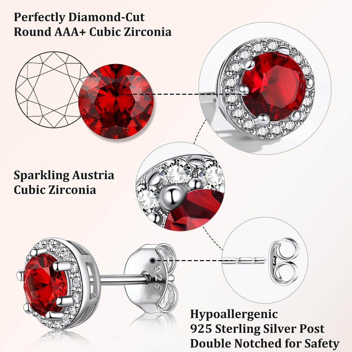 Bestyle 925 Sterling Silver Created Diamond Earrings Round Studs for Women, 5mm January Granet Birthstone Gem Earrings Illuminated by 1mm White Cubic Zirconia