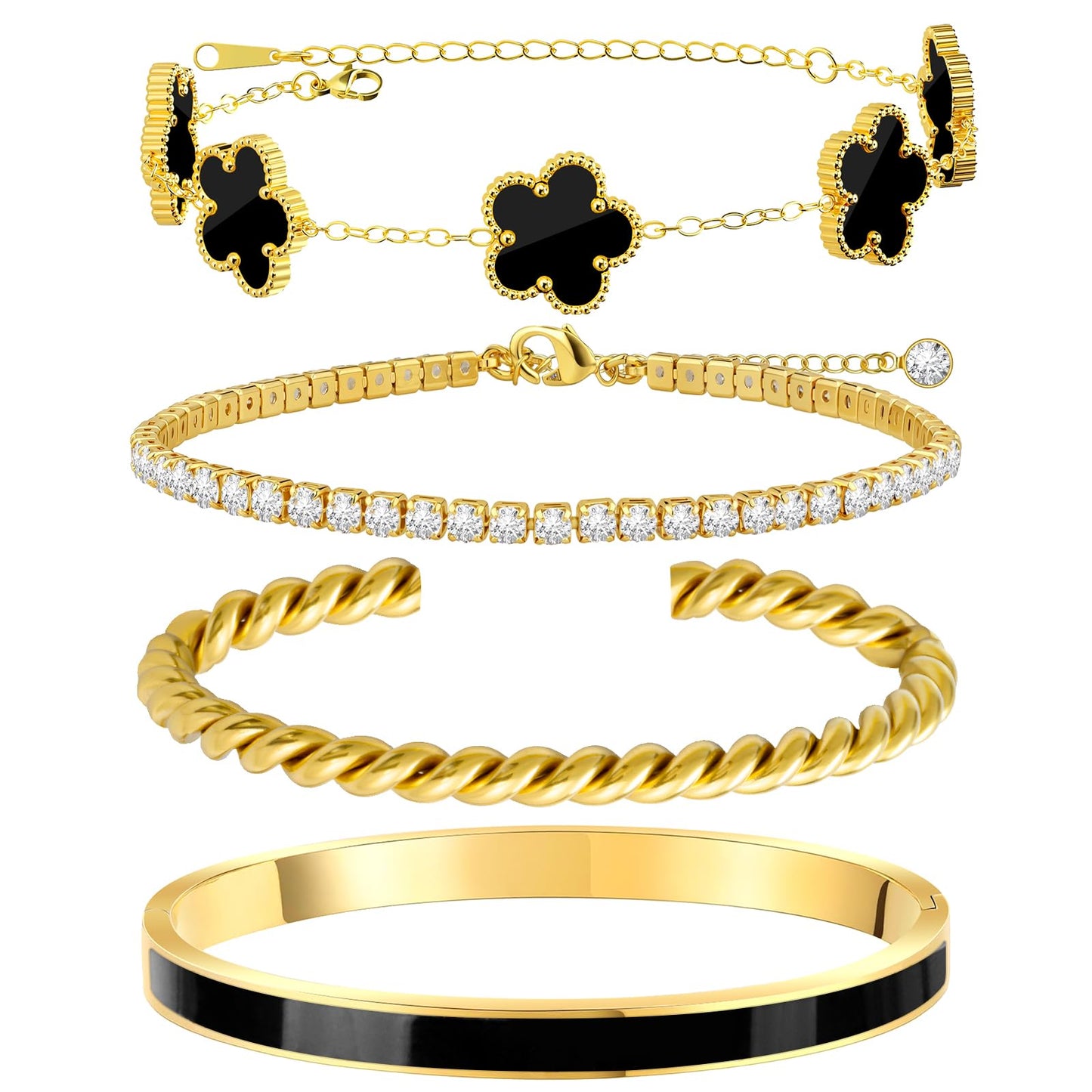 MOINSPIRE 18K Gold Plated Bracelets for Women, Stainless Steel Four Leaf Clover Tennis Nail Love Bangle Bracelets Set, Trendy Stackable Twist Cuff Bracelet Non Tarnish Jewelry Gifts for Christmas