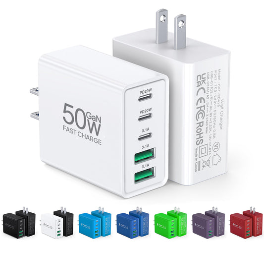 2Pack USB C Fast Charger Block,50W 5-Port USB Wall Charger Brick,2 USB A & 3 USB C PD3.0 Power Adapter Multiport Type C Charging Plug for iPhone 17/16/15/14,Pad Mini/Pro,AirPods 4,GalaxyS25(White)