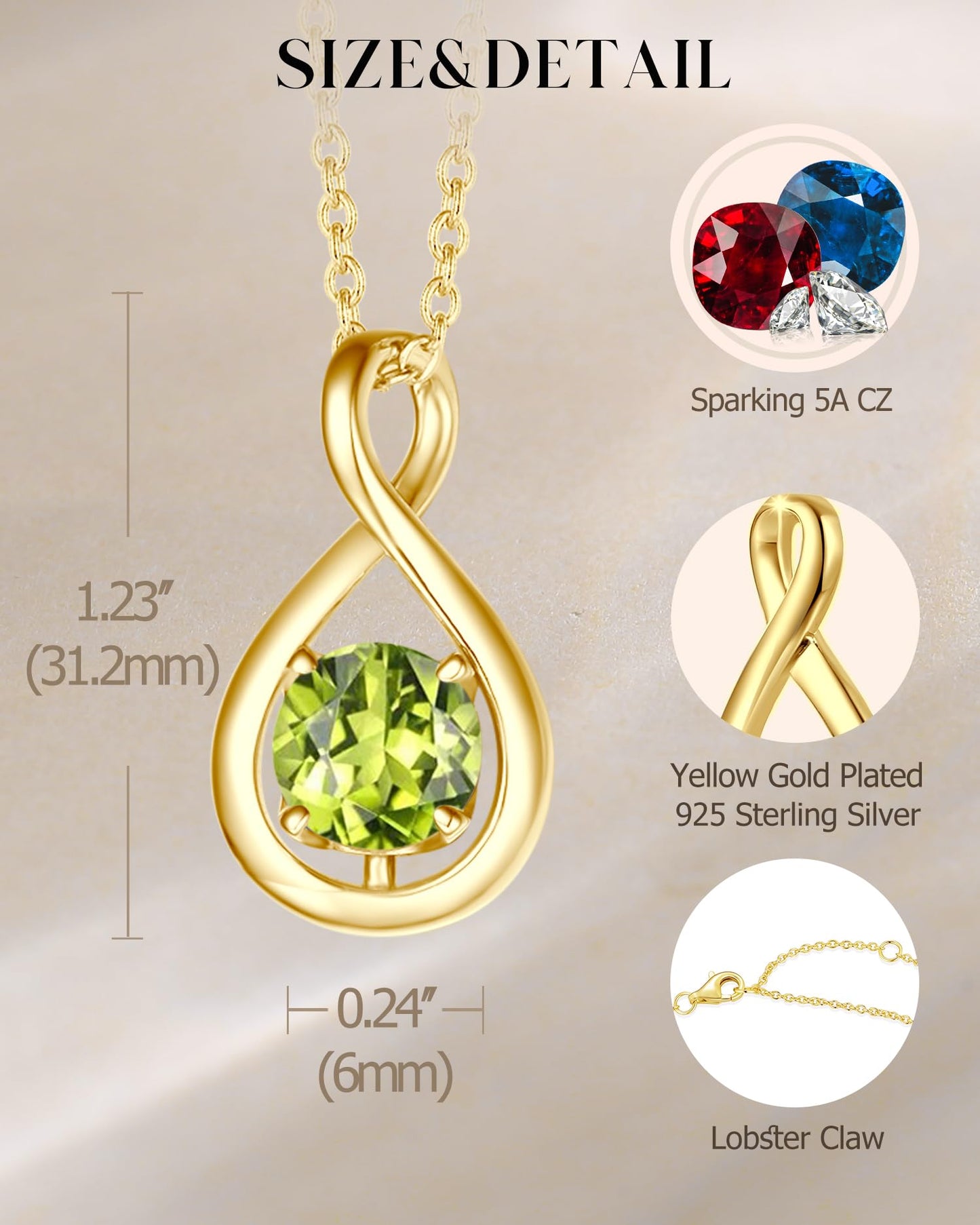 FANCIME Peridot Necklace Yellow Gold Plated 925 Sterling Silver August Birthstone Infinity Pendant Green Gemstone Jewelry Mothers Day Graduation Gifts for Mom Women Her