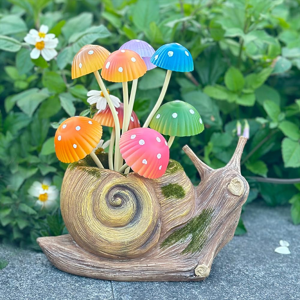 ZYLiWoo Solar Garden Snail Statue Gift, 1 Pack Solar Outside Snail Sculpture, Outdoor Patio Landscape Mushroom Decorative Art, Porch Deck Balcony Front Garden Decoration, Unique House Warming Gift