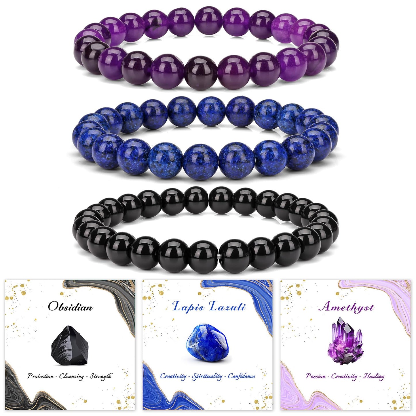 Pendlixy 3PCS Healing Crystal Bracelets for Women Men 8mm Amethyst Lapis Lazuli Obsidian Natural Stone Beaded Stretch Bracelet Handmade Gemstone Reiki Spiritual Jewelry Gifts