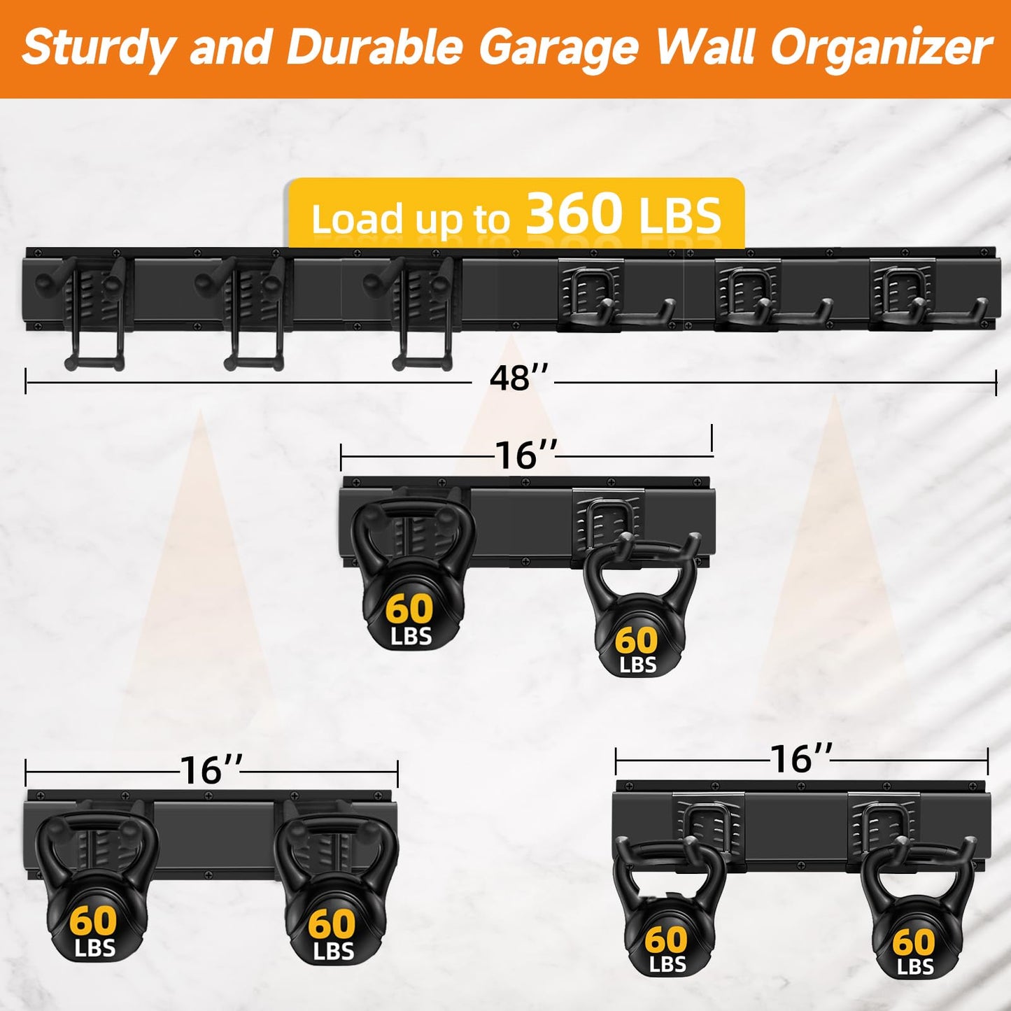 WEZAFO Garden Tool Organizer Wall Mount, Heavy Duty 48 Inches Garage Organization and Storage Racks for Yard Tools with 6 Hooks, Tool Hangers Holders for Hanging Folding Chair, Rake and Shovel