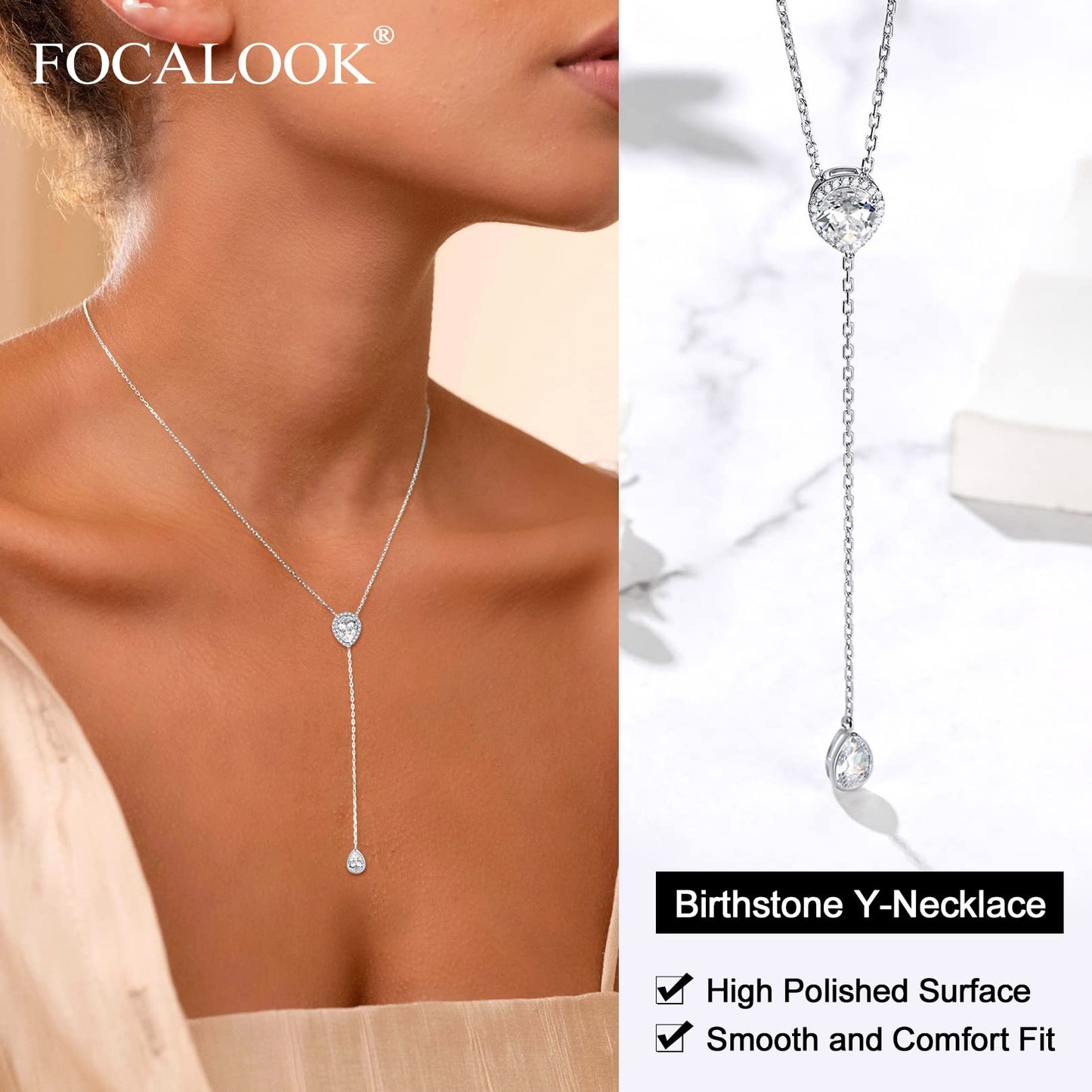 FOCALOOK 925 Sterling Silver CZ Teardrop Lariat Necklace 16"-18" Y Drop Adjustable Birthstone Necklaces for Women