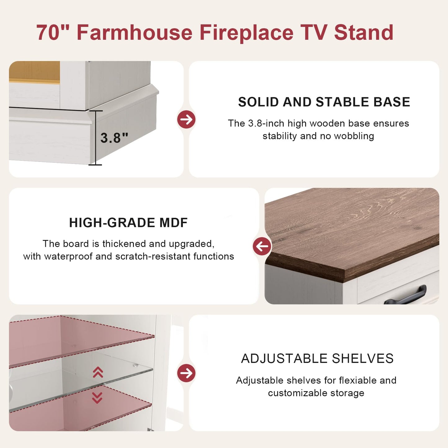 MXV 70" Fireplace TV Stand, 3-Sided Glass Fireplace and Modern Entertainment Center, Wooden Media Console with Glass Doors & Storage Drawers, LED Light, for Living Room, White