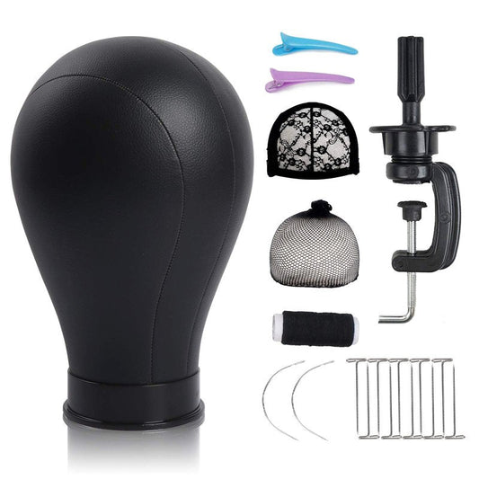 Bileaf 22 Inch Leather Wig Canvas Block Mannequin Head with Stand for Wigs Making Display Styling Canvas Head with Table C Stand Clamp Holder(Black Leather)