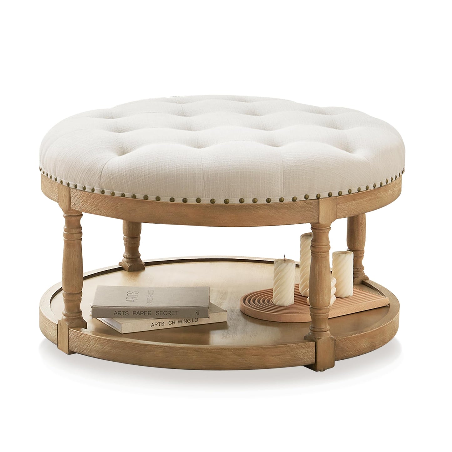 Womina 33" Large Round Ottoman Coffee Table with Storage, Upholstered Button Tufted Linen Footrest Ottoman with Wood Storage Shelf Farmhouse, for Living Room, 350 LBS, Beige