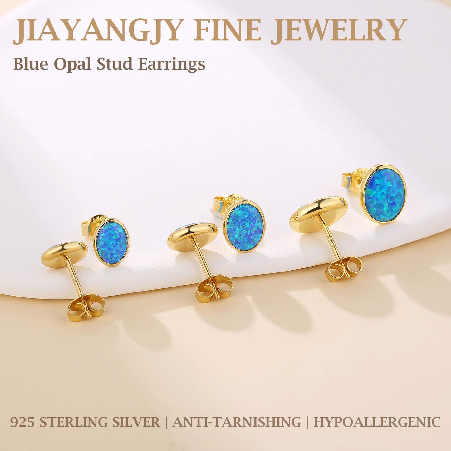 JiayangJY Silver Blue Fire Opal Stud Earrings for Women 18K Yellow Gold Plated Sterling Silver Oval Shape 5mm Opal Earrings with Push Back