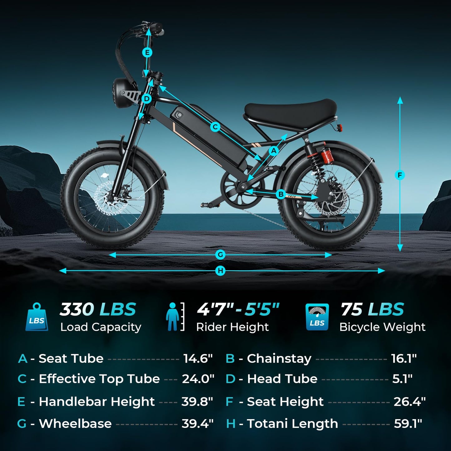 Jasion YR16 Electric Bike for Adults Teens, 1000W Peak Motor & 48V 12.5AH Battery Electric Bicycle, 16" Fat Tire Dirt Bike with Dual Suspension & Cruise Control, 55 Miles EBike Fit Teenagers