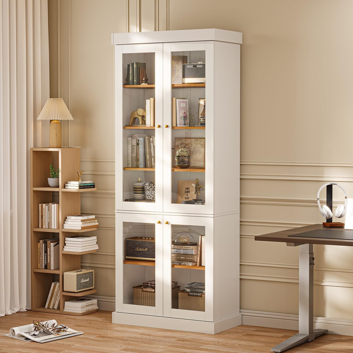 Myricore 70.8" Tall Farmhouse Kitchen Pantry Cabinet with Glass Doors, Modular Storage Cabinet with 6-Tier Adjustable Shelves, Wooden Hutch for Kitchen, Set of 2, White
