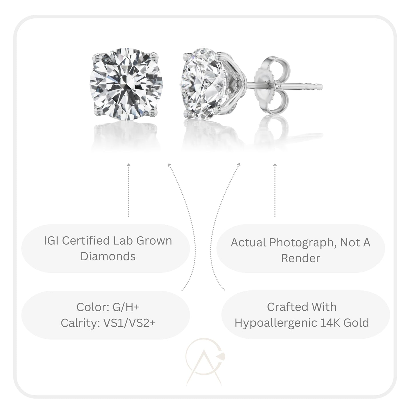 1/2 Carat Brilliant Cut Lab Grown Diamond Round Stud Earrings for Women in 14k White Gold (G-H Color, VS1-VS2 Clarity, cttw) 4-Prong Classic Push Back Studs by Carbon Atelier