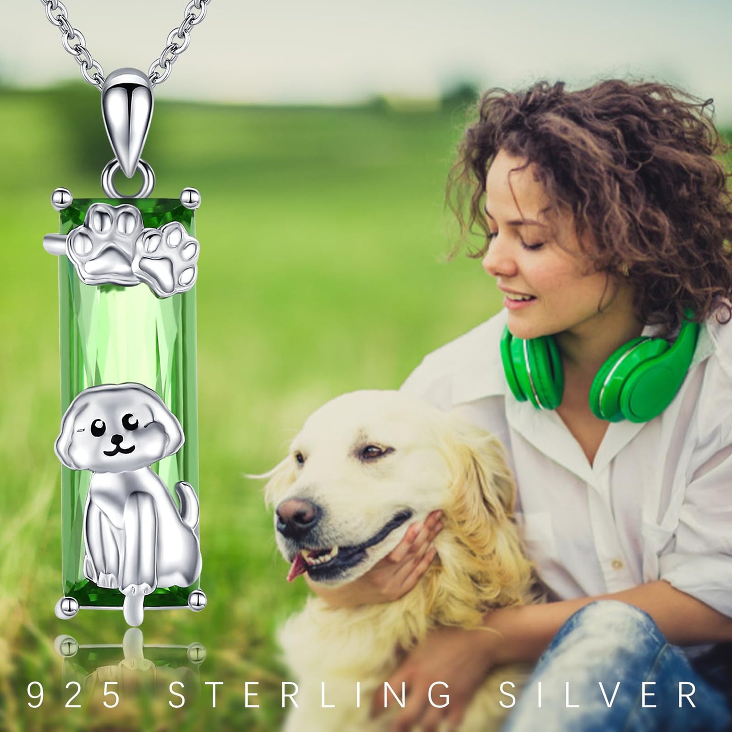 AENEAS Bichon Necklace for Women 925 Sterling Silver Green Crystal Pendant Cute Paw Animal Puppy Bichon Jewelry Gifts for Her Wife