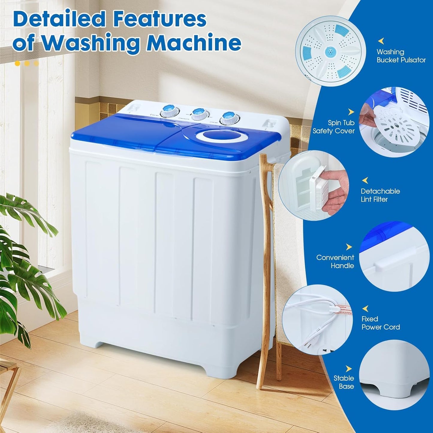PLENTORA Portable Washing Machine, 28lbs Twin Tub with Drain Pump and Hose, 18lbs Wash 10lbs Spin Cycle, Compact Semi-Automatic Washer and Spinner Combo for Apartments, Dorms, RVs, Camping, Navy