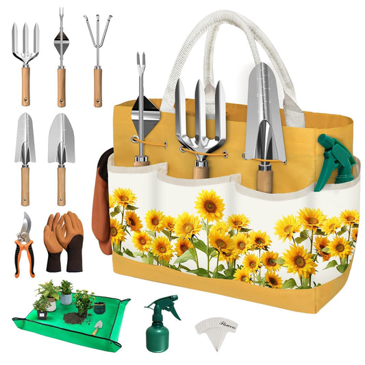 22Pcs Gardening Tools Set for Women Heavy Duty Garden Hand Tool Kit,Gifts for Mothers Day Mom Beginner Gardening Accessories with Sunflower Tote Bag/Shovel/RepottingMat/Plant Labels/Gloves-Yellow