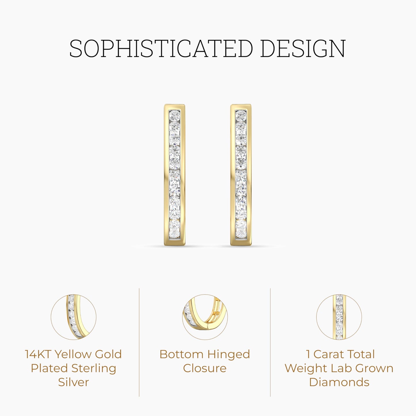 Gilded 1 Carat Total Weight Lab-Grown Diamond Channel Set Hoop Earrings for Women in 14KT Gold Plated Sterling Silver | Hypoallergenic Fine Jewelry | Bottom Hinged Closure | SI1 Clarity, F Color