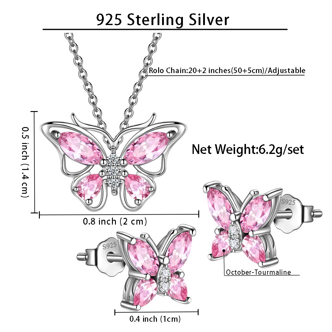 Hipunk Butterfly Pink Jewelry Sets Birthstone Women 925 Sterling Silver October-Tourmaline Birth Stone Animal Butterflies Jewelry Sets/Earring Set Crystal Birthday Jewelry SS0001O