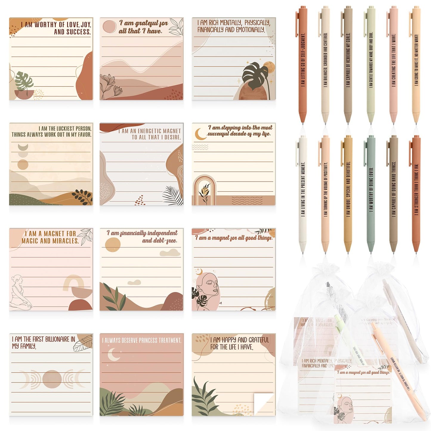 Funrous 36 Pcs Positive Affirmation Gift for Women Bulk Inspirational Sticky Notes with Pens Bags Mothers Day Gifts for Coworkers Employee Teacher Nurse Staff Home Office Gifts Supplies (Boho)