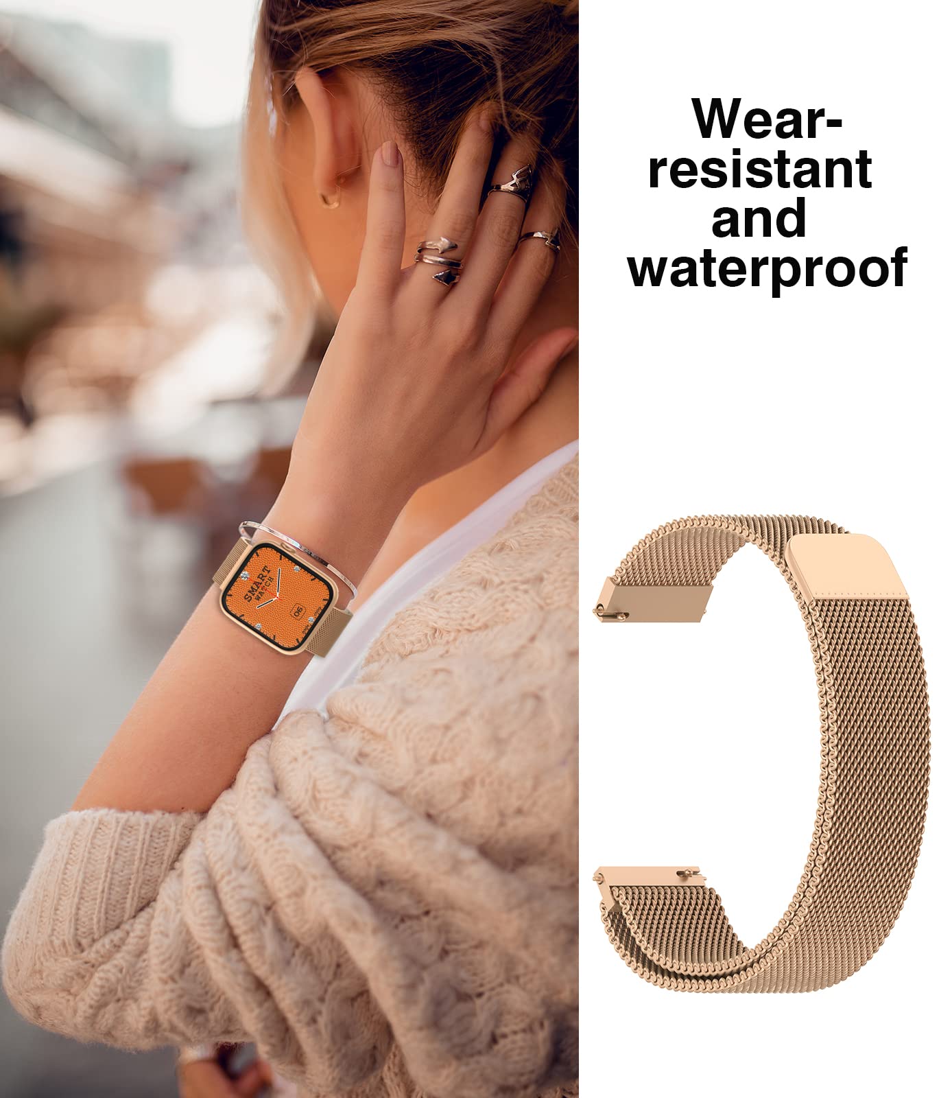 22mm Rose Gold Magnetic Stainless Steel Smart watch Band – Quick Release Milanese Loop Replacement –Strap for Women – Stylish, Adjustable, Anti-Snag Edge, Comfortable Fit, Compatible with Smart watches