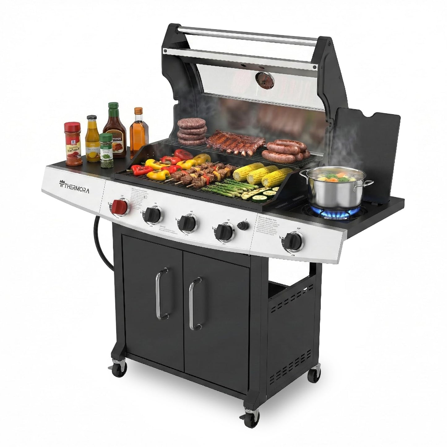 THERMORA 4 Burners Propane Gas Grill 62,000 BTU with Side Burner 645 sq.in, Porcelain-Enameled Grates BBQ Grills, Stainless Steel Propane Grill for Outdoor Cooking Barbecues Patio Garden Family Party