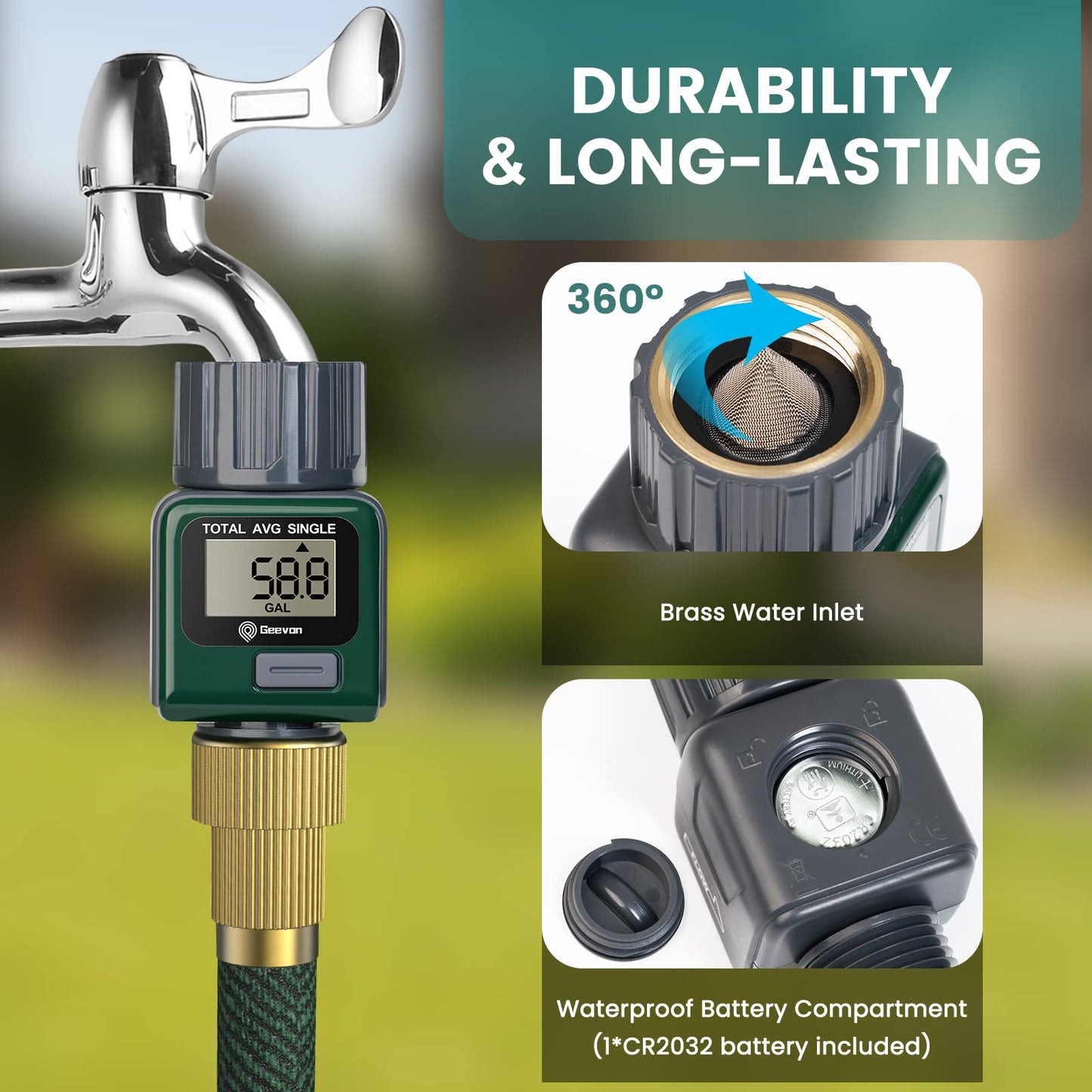 Geevon Garden Hose Water Flow Meter with Brass Inlet Metal Thread, High Accuracy & IPX6 Waterproof for Outdoor Garden Watering, RV Water Tank Filling, Lawn Sprinkler, and Nozzle Sprayer (1 Pack)