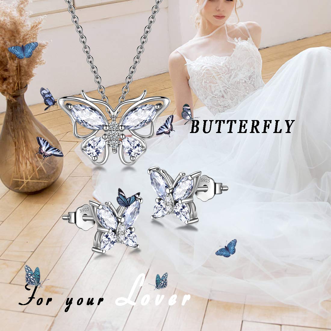 Hipunk Butterfly White Jewelry Sets Birthstone Women 925 Sterling Silver April-Diamond Birth Stone Animal Butterflies Jewelry Sets/Earring Set Crystal Birthday Jewelry SS0001W