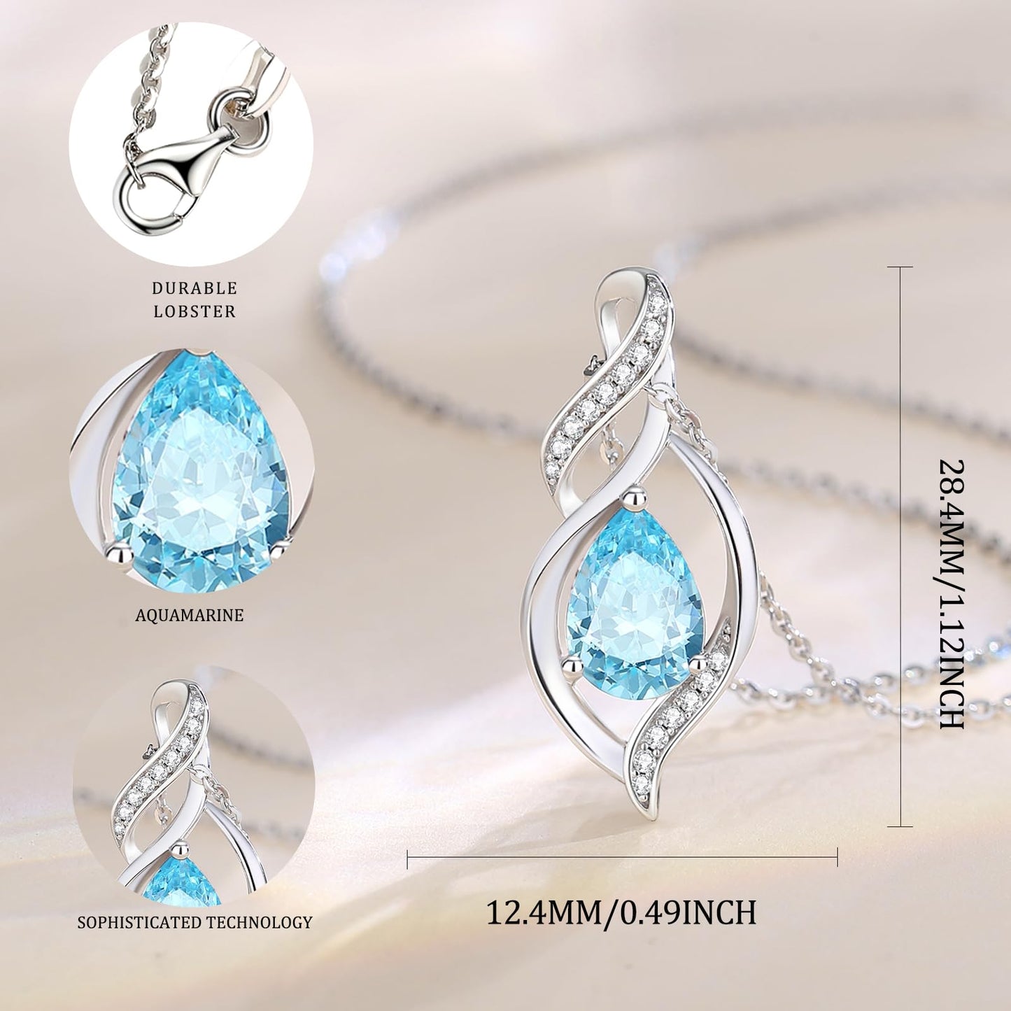 FANCIME March Birthstone Necklace for Women Aquamarine Teardrop Necklace Sterling Silver Infinity Love Birthday Gifts for Mom Women, 16"+2" Inches