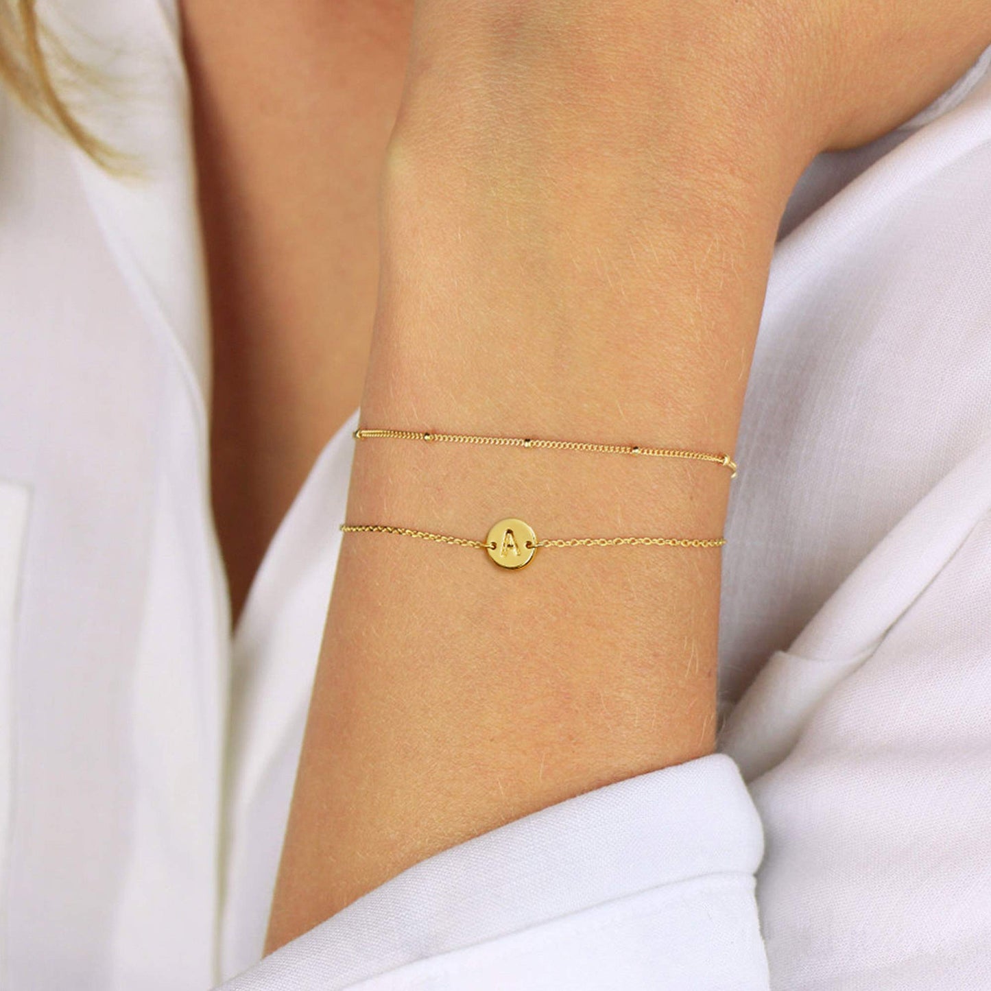 MONOZO Gold Initial Bracelets for Women, Dainty 14K Gold Filled Layered Beaded P Letter Initial Bracelet Personalized Alphabet Disc Monogram Charm Bracelet Jewelry Gifts
