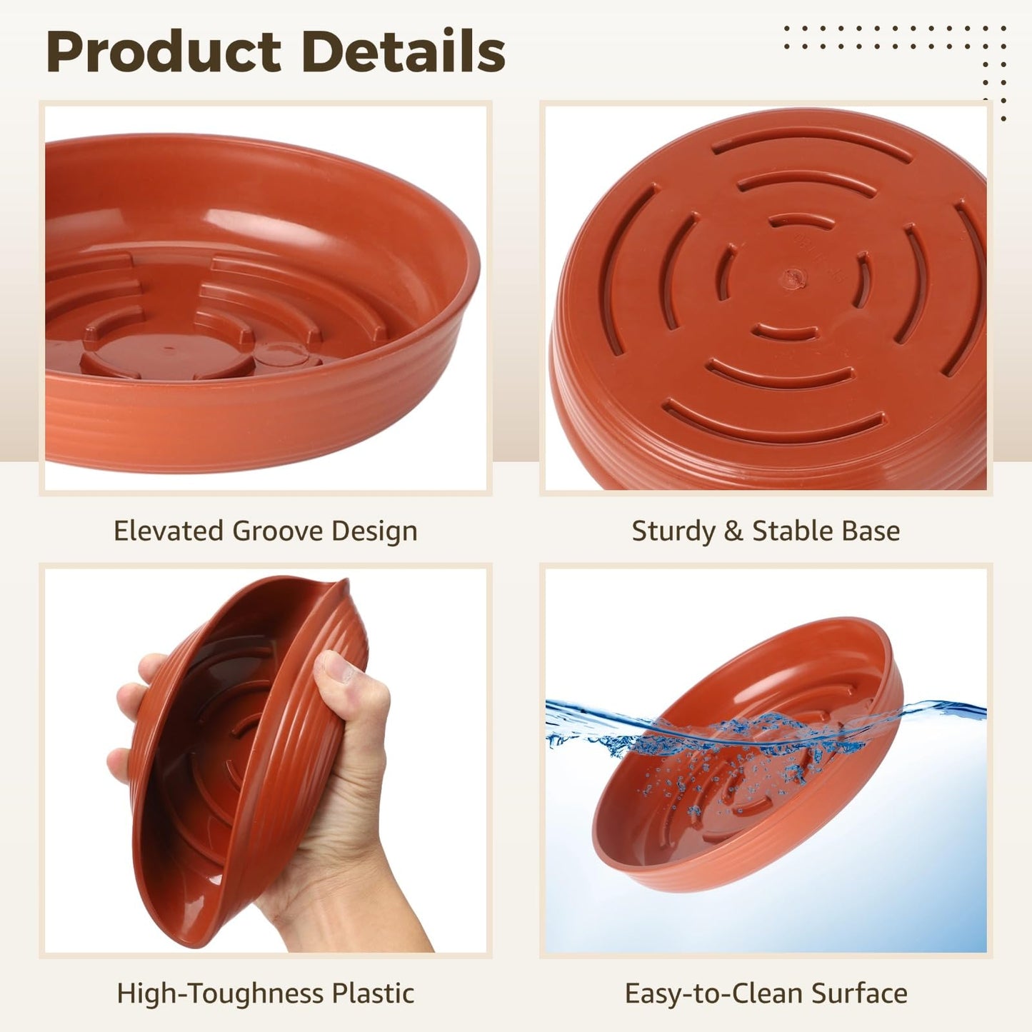 15 Pcs Terracotta Plant Saucer Pots Tray, 6.3/7.09/7.95/9.29/10.04 Inch Round Plastic Plant Saucers, Terracotta Plant Drip Trays with 3 Gardening Tools,Flower Pot Tray for Indoor Outdoor Plants