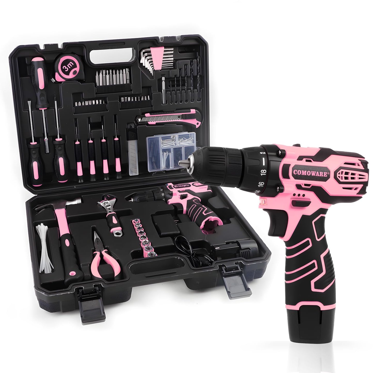 COMOWARE Pink Household Tool Set with 12V Cordless Drill Driver, Hand Tool Kit for Women, Power Drill Set with Plastic Toolbox, Ideal for Office, Garden, DIY Project