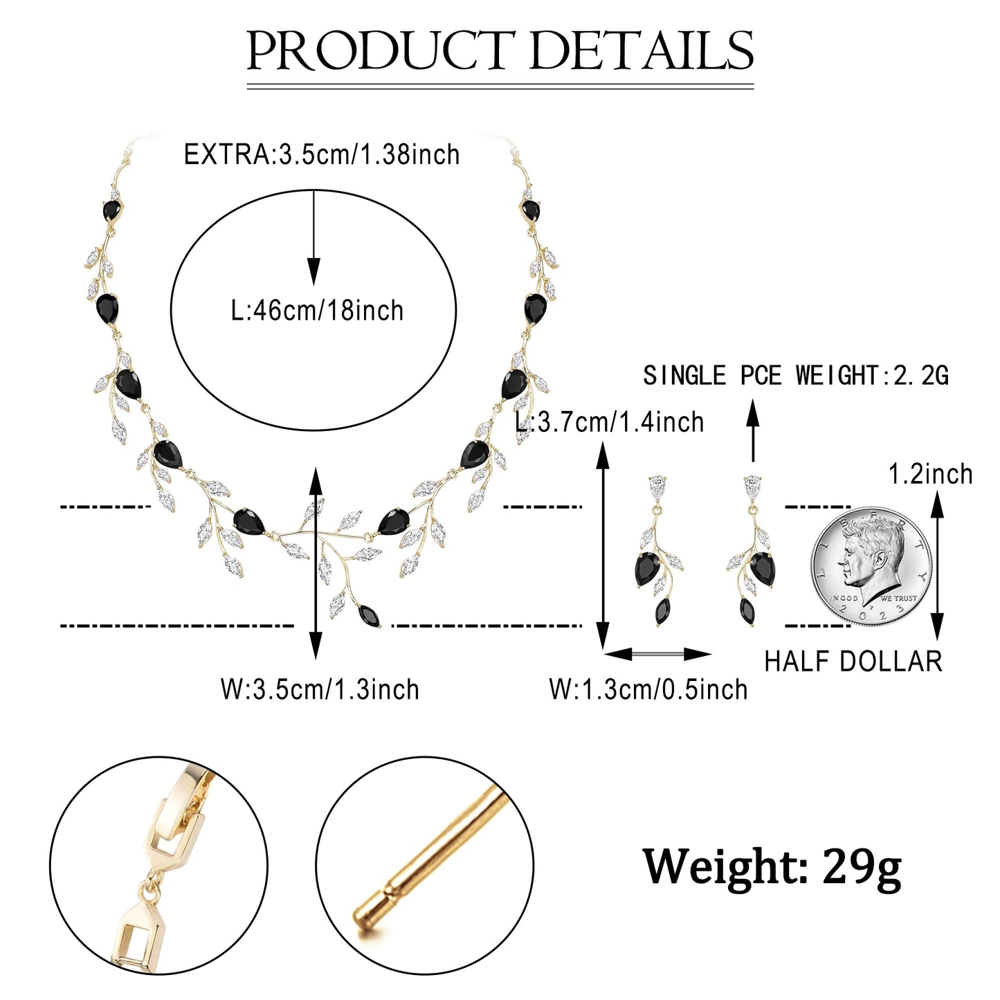 EVER FAITH Wedding Jewelry for Bride Women Bridesmaid, Sparkly Black Cubic Zirconia Pear-Shaped Birthstone Leaf Necklace Earrings Set for Prom Gold-Plated-Brass