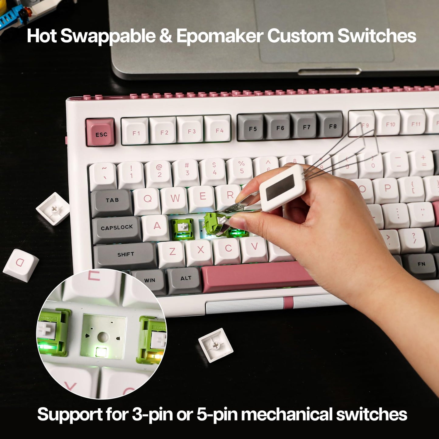 EPOMAKER Brick 87 Tri-Mode TKL Hot Swappable Mechanical Keyboard with Stackable Block Bar and Thumb-Scroll Knobs, 3000mAh Battery, RGB, Compatible with Win/Mac (Grey Pink, Wisteria Linear Switch)
