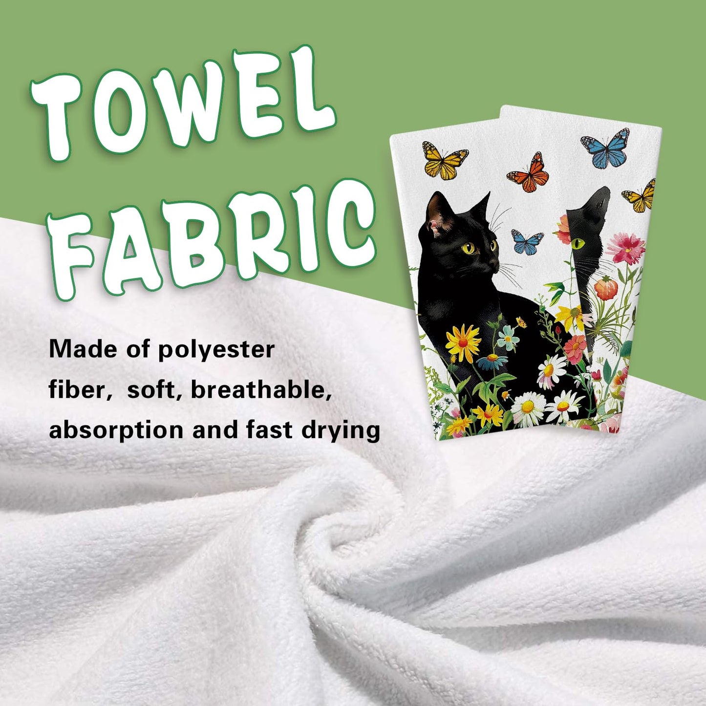 Croar Spring Summer Black Cat Floral Kitchen Dish Towels Set of 2, Daisy Flower Butterfly Drying Hand Towel Baking Cooking Cloth, Wildflower Bathroom Home Decoration Pet Cat Owner Lover Gift 18''x26''