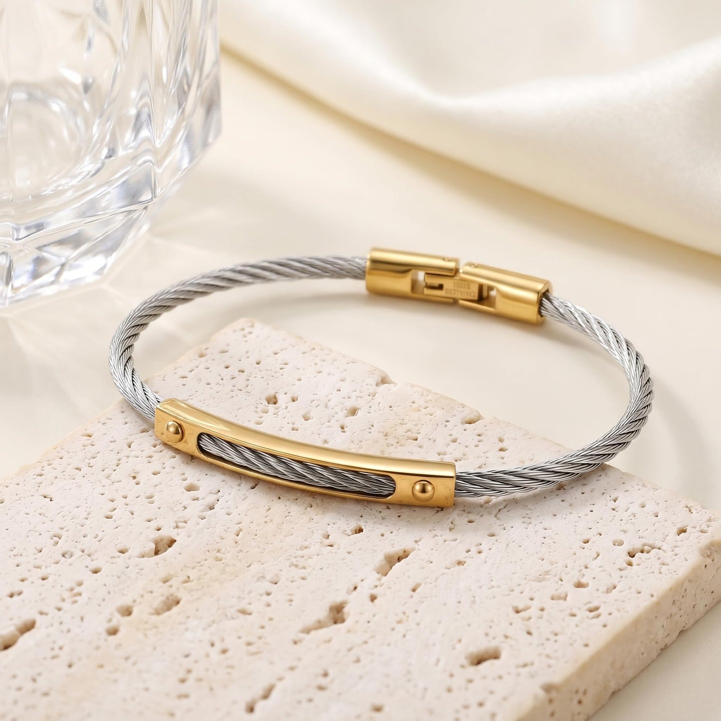 LXBQYSTO Cable Wire Twisted Cuff Bangle Bracelet For Women 14K Gold/rose/silver Stainless Steel Jewelry for Women Gift (Close-Silver&Gold)