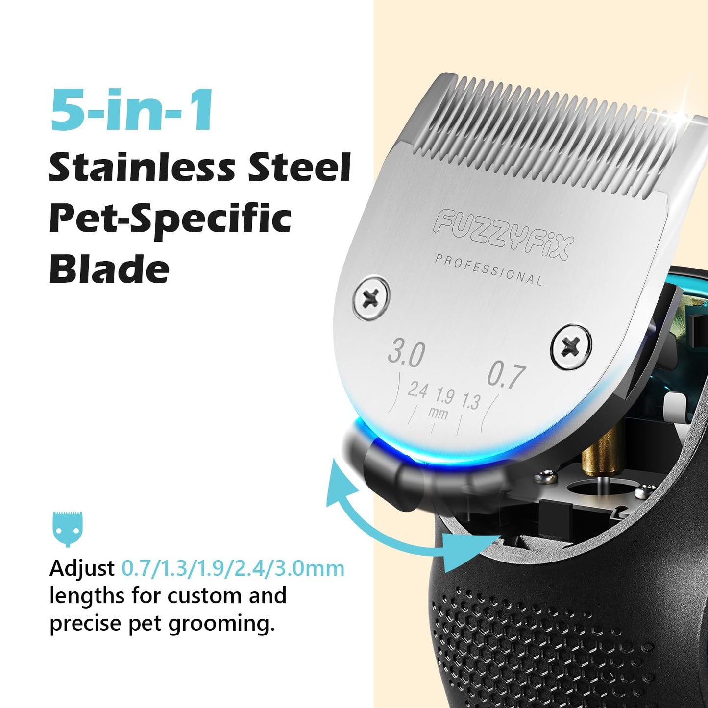 FuzzyFix Dog Clippers for Grooming with 5-in-1 Blade, Dog Grooming Kit Cordless Rechargeable Hair Trimmer Detachable Stainless Steel Blade Pet Shaver for Small Puppy Paw Face Head Body
